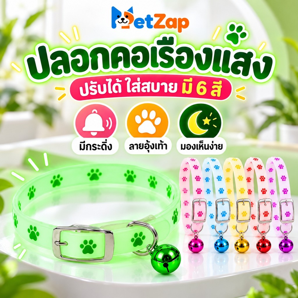 Pet Zap】 COD ปลอกคอนิรภัย ปลอกคอแมว ปลอกคอสุนัข ซิลิโคน เรืองแสง ลายรอยเท้า มีกระดิ่ง กันหาย CW-104