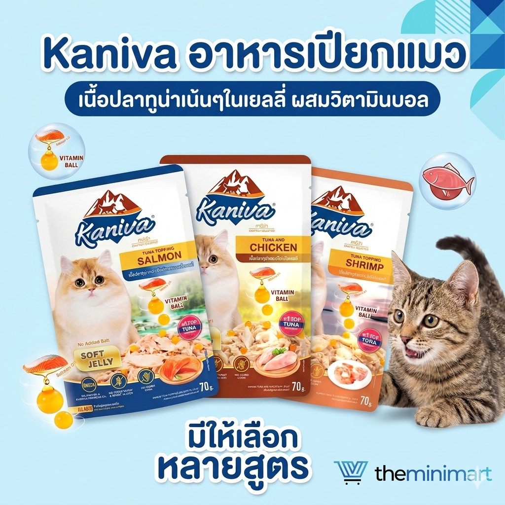 Kaniva อาหารเปียกแมว เปียกแมว เนื้อปลาทูน่าเน้นๆในเยลลี่ ผสมวิตามินบอล มีให้เลือก หลายสูตร 70g