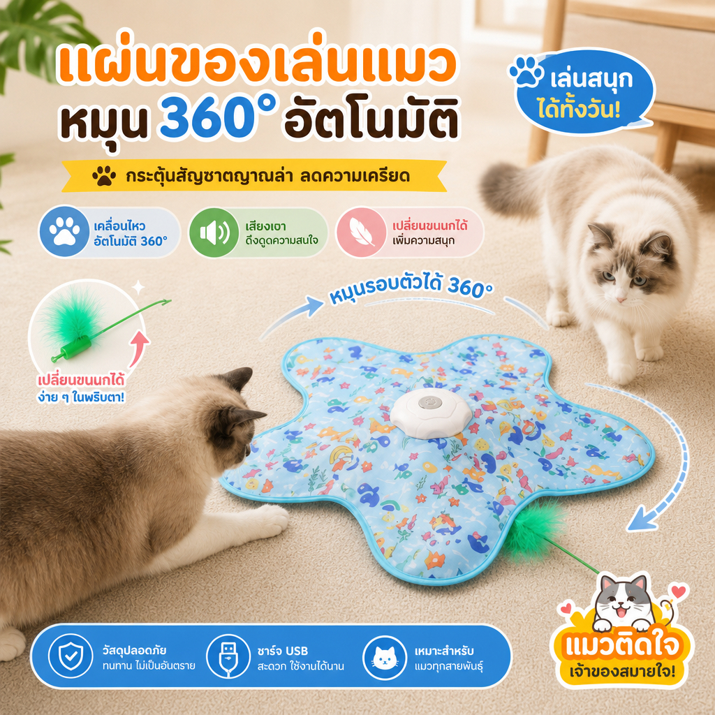 ของเล่นแมวปลาดาวไฟฟ้า ขนนกหมุนอัตโนมัติ เสียงกรอบแกรบสมจริง ชาร์จ USB