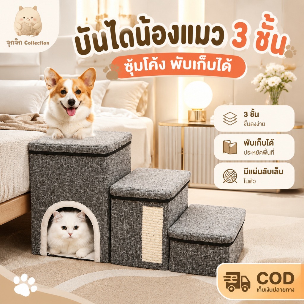 บันไดสัตว์เลี้ยง 3 ชั้น พับได้ มีช่องเก็บของ เบาะนอน และที่ลับเล็บ ใช้ได้ทั้งหมาและแมว แข็งแรง COD