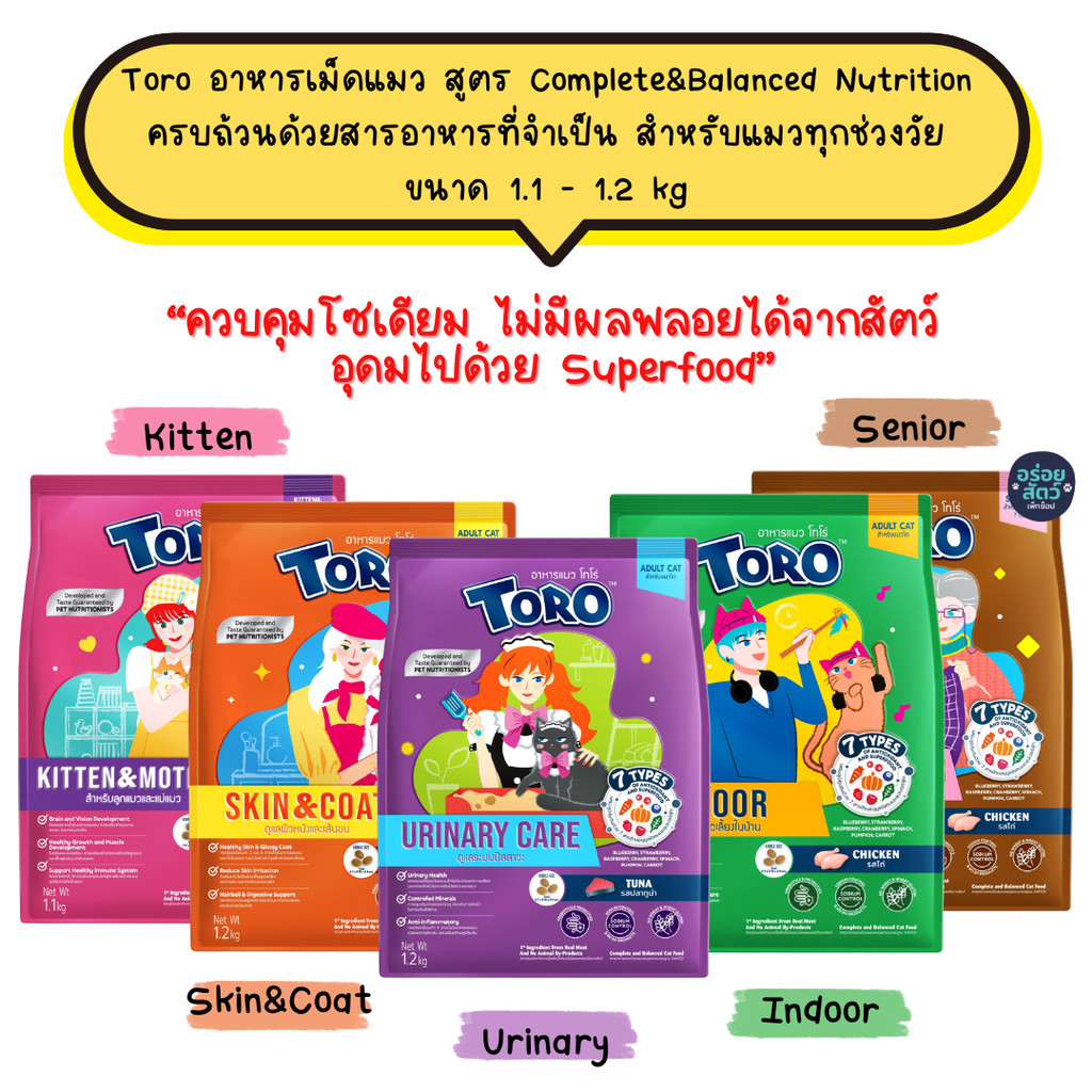 Toro โทโร่ อาหารเม็ดแมว สูตร Complete&Balanced ครบถ้วนด้วยสารอาหารที่จําเป็น สําหรับแมวทุกช่วงวัย ขนาด 1.1 - 1.2 kg