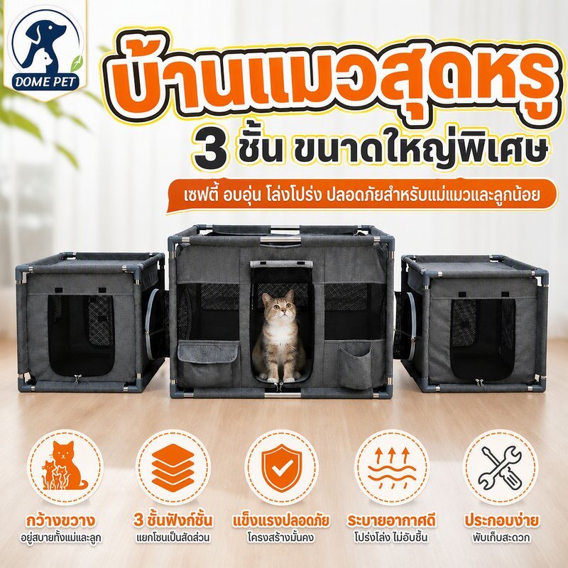 คอกแมวพับได้ บ้านแมว 3 ชิ้น พร้อมอุโมงค์ ห้องคลอดแมว ผ้าตาข่ายระบายอากาศ มีช่องเก็บของ