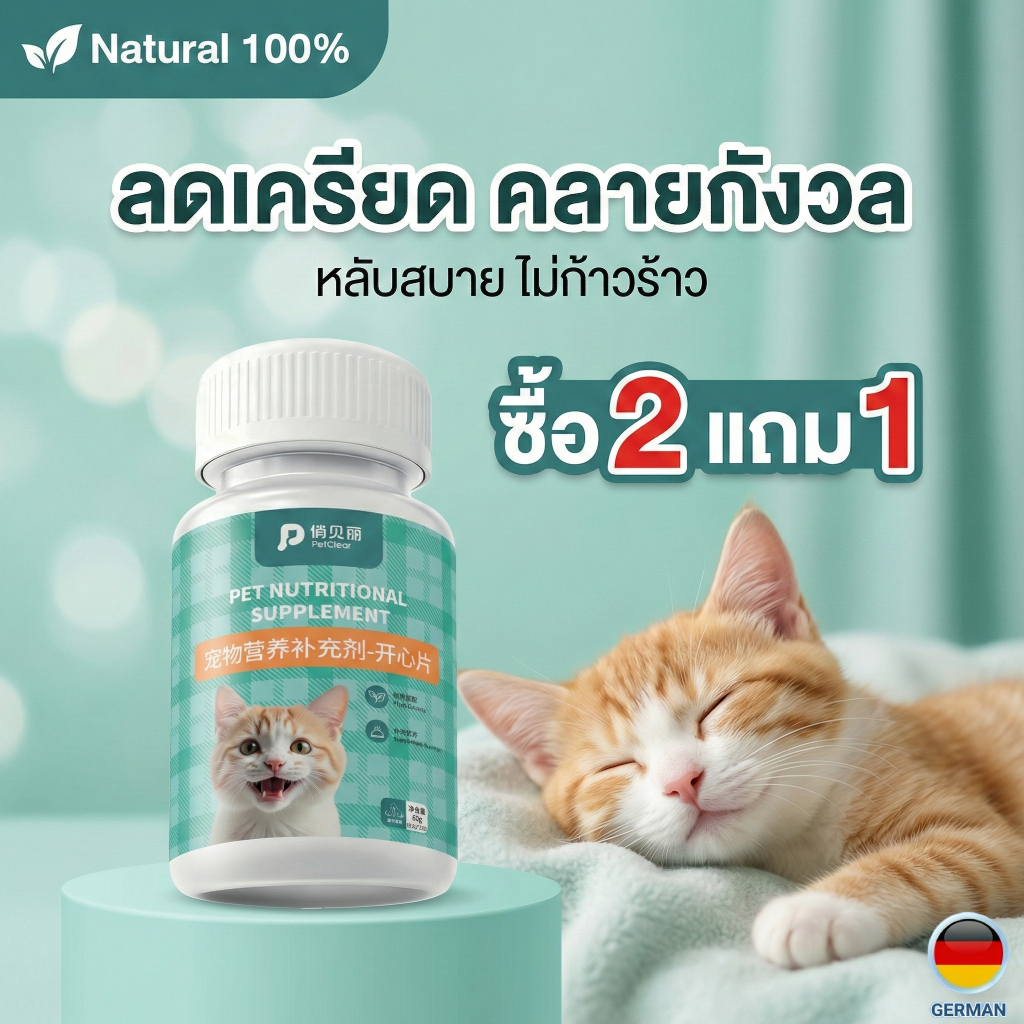 PetClear วิตามินแมว ลดเครียด คลายกังวล ช่วยให้นอนหลับ ลดก้าวร้าว ไม่ซึม สารสกัดธรรมชาติ (60g)
