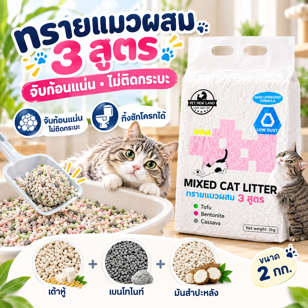 ทรายแมวผสม 3 สูตร เต้าหู้ เบนโทไนท์ มันสําปะหลัง จับก้อนแน่น ไม่ติดกระบะ ทิ้งชักโครกได้ ดับกลิ่นดี ฝุ่นน้อย 4 กลิ่น 2กก