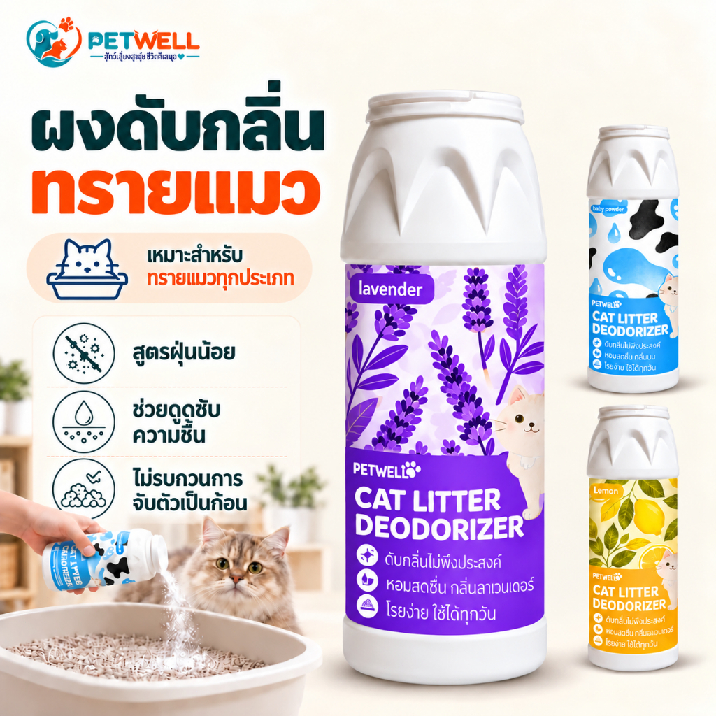 ผงดับกลิ่นทรายแมว PETWELL 500g ลดการสะสมของแบคทีเรีย ดูดซับความชื้น และช่วยยืดอายุทรายแมว