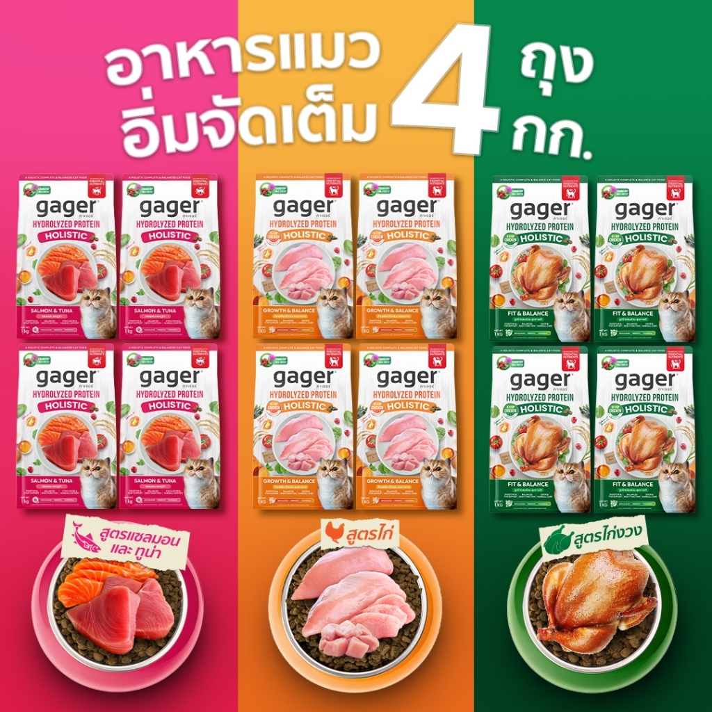 เซตจัดเต็ม4ถุง) Gager อาหารแมว กาเจอร์ โฮลิสติก เสริมวิตามิน เพื่อสุขภาพแมว (1กิโล4ถุงเลือกสูตร)