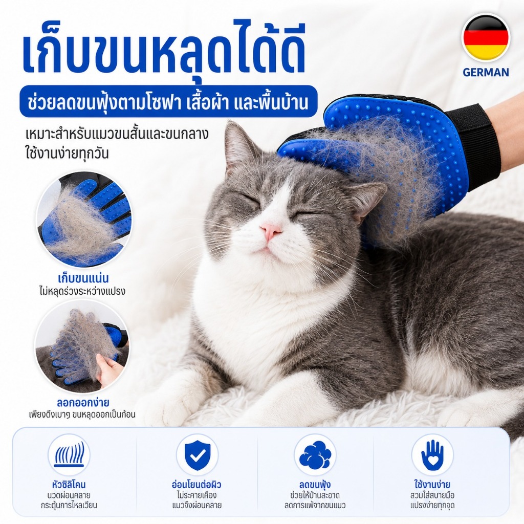 แปรงขนแมวแบบถุงมือ ซิลิโคนยืดหยุ่น ดึงขนออกเป็นแผ่น ทําความสะอาดง่าย