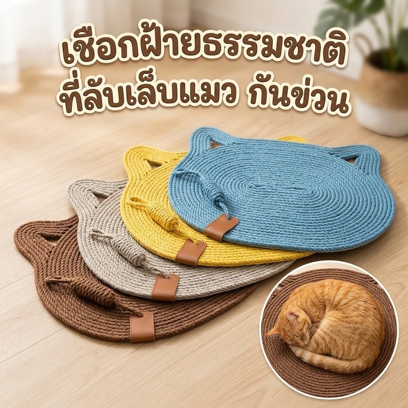 เสื่อลับเล็บแมว ที่นอนแมว เชือกฝ้ายธรรมชาติ กันข่วน อเนกประสงค์ ขนาดใหญ่ มีลูกบอลเล่น ปราศจากเศษ