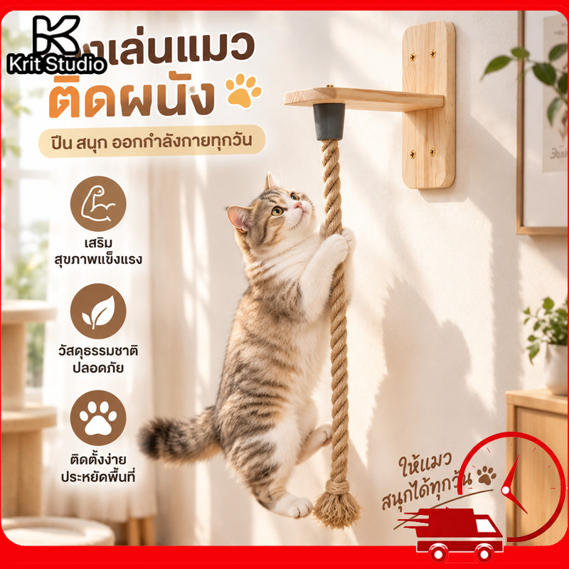 ของเล่นแมวติดผนัง เชือกป่านธรรมชาติ แข็งทนทาน ติดตั้งง่าย ประหยัดพื้นที่ ลับเล็บได้ดี ป้องกันเฟอร์นิเจอร์เสียหาย