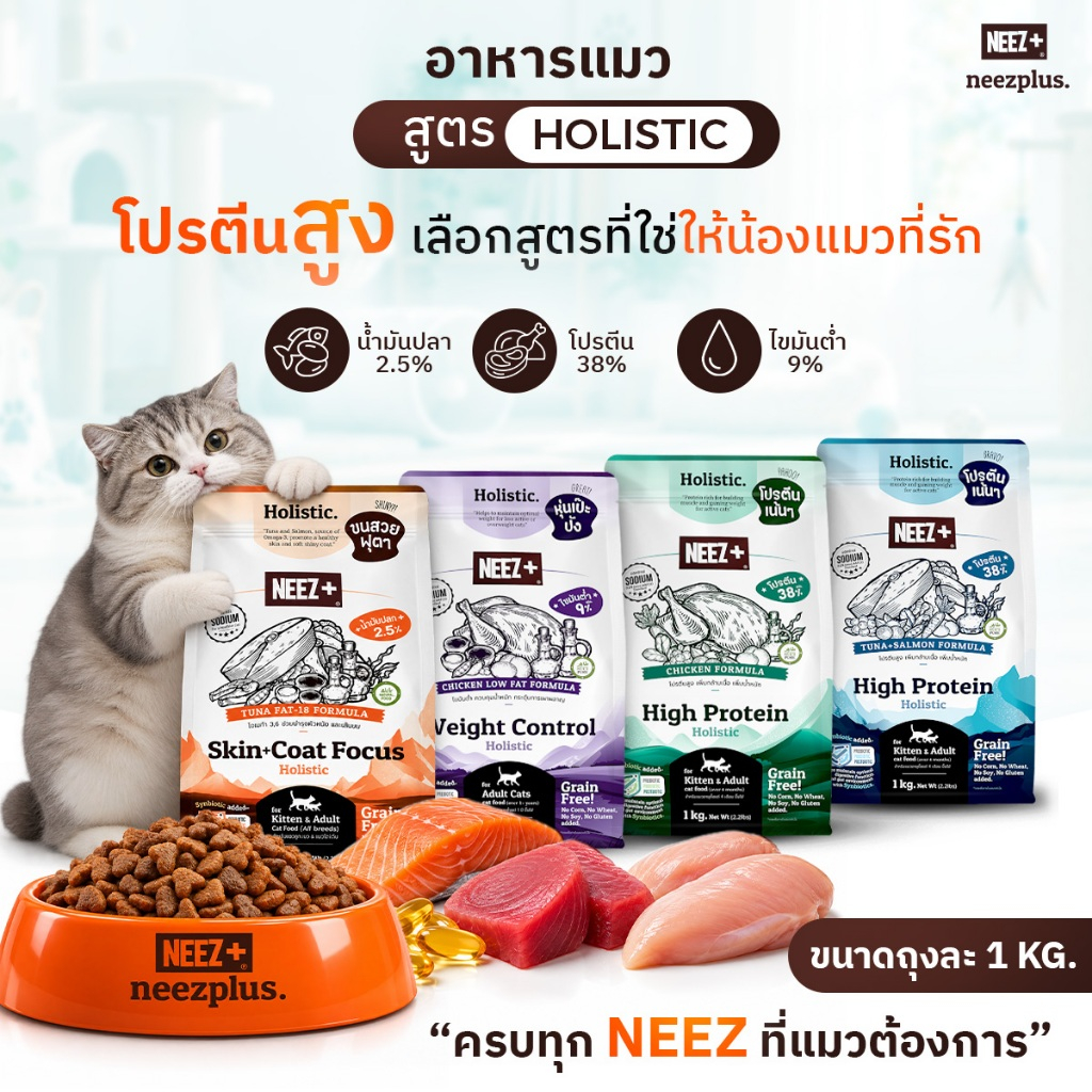 Neez+ อาหารแมวโปรตีนสูง เกรดโฮลิสติก วัตถุดิบคุณภาพ ทําจากเนื้อสด รวมตะกร้า 1kg