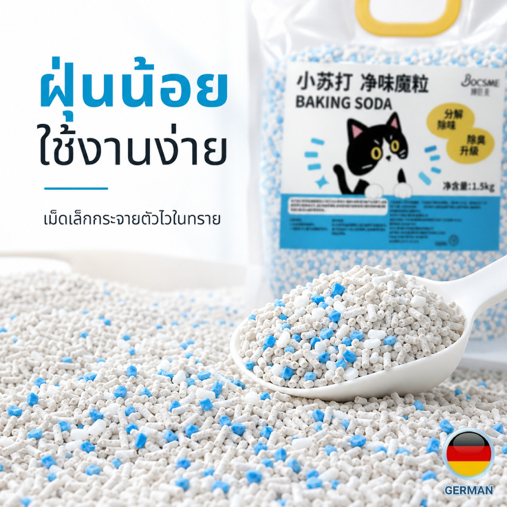 เม็ดดับกลิ่นทรายแมว เบกกิ้งโซดา BOCSME ลดกลิ่นฉี่แมว กลิ่นอึแมว ใช้ผสมทรายแมว 100g/500g/1.5kg