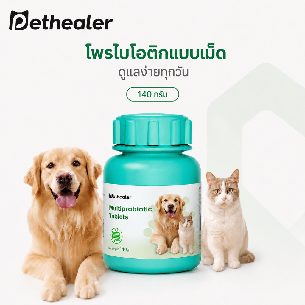 PETHEALER โพรไบโอติกแบบเม็ด 140g สําหรับสุนัขและแมวทุกวัย ดูแลลําไส้ ช่วยย่อย ช่วงเปลี่ยนอาหาร กินง่าย ผสมอาหารได้
