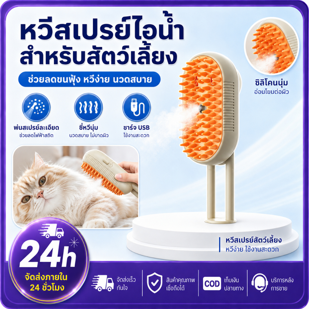 PETWELL แปรงไอน้ําสัตว์เลี้ยง 3 In 1 สําหรับสุนัขและแมว นวดขน ทําความสะอาดขน ลดขนหลุดร่วง ใช้งานง่าย ทําความสะอาดตัวเอง