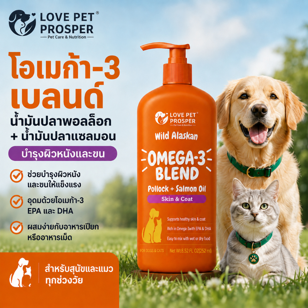 Love Pet Prosper โอเมก้า-3 น้ํามันปลาสําหรับสุนัขและแมว ผสมน้ํามันปลาพอลล็อคและแซลมอน บํารุงผิวหนังและขน 252ml