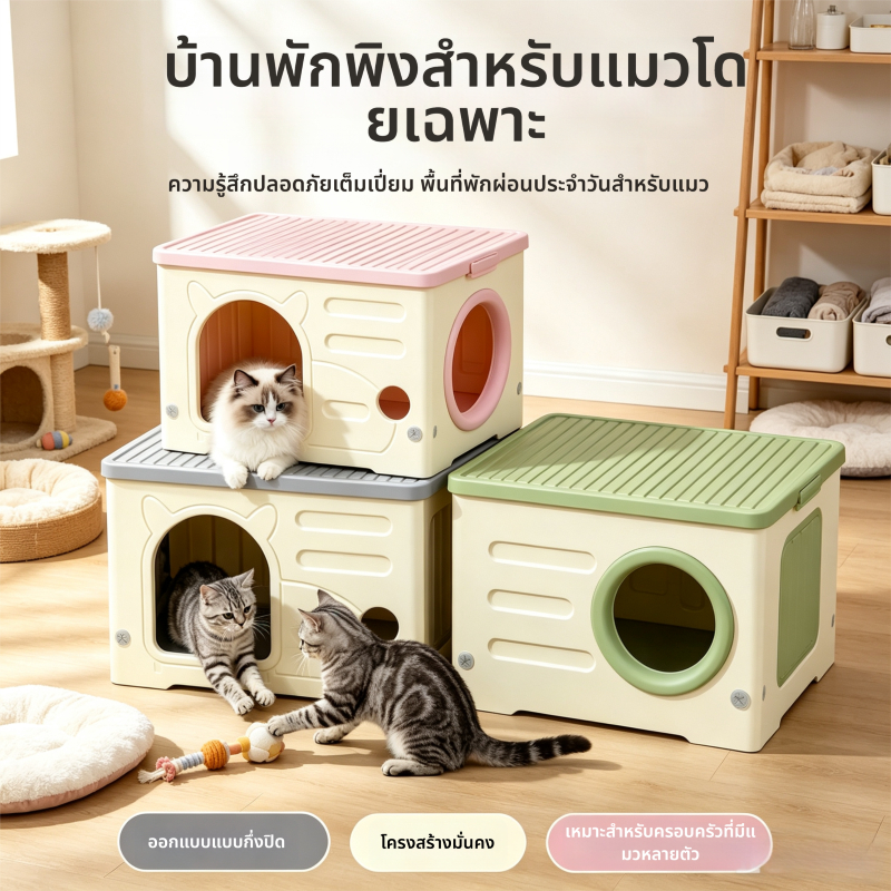 บ้านสัตว์เลี้ยงกลางแจ้งกันน้ําและกันความชื้นห้องนอนแมวบ้านแมวพลาสติกบ้านสัตว์เลี้ยงวางซ้อนกันได้ทําความสะอาดง่ายระบายอากาศได้ดี