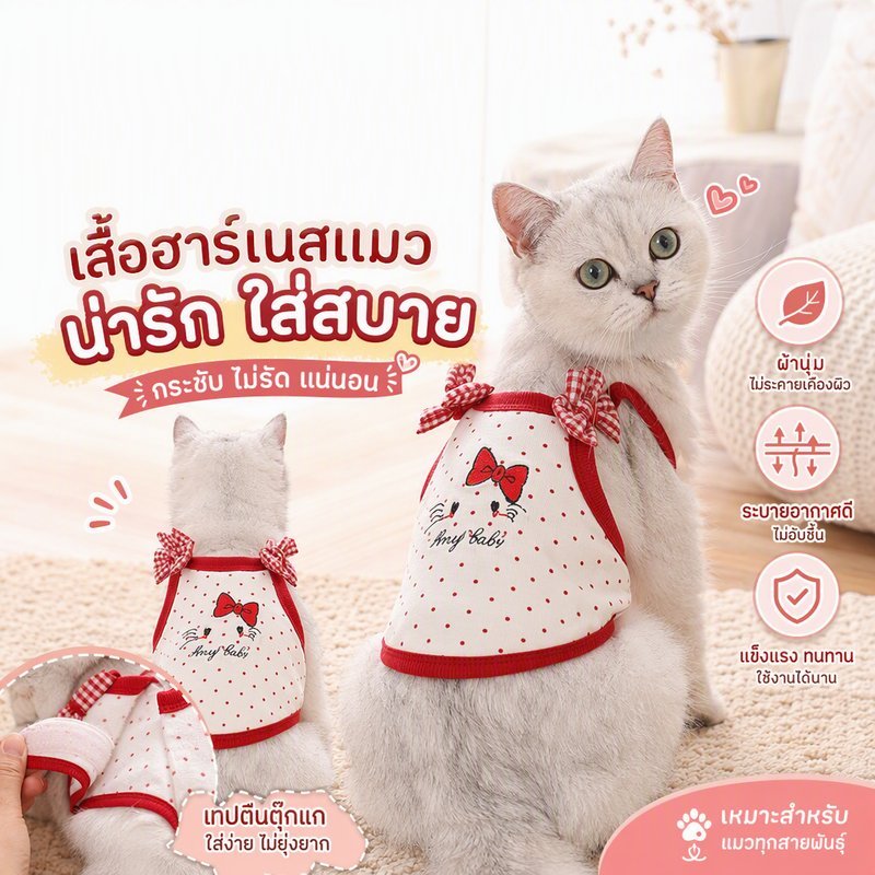 เสื้อกล้ามสัตว์เลี้ยง เสื้อแมว เสื้อหมาเล็ก ลายคิตตี้ โบว์แดง ผ้าคอตตอน ระบายอากาศ ไซส์ S M L