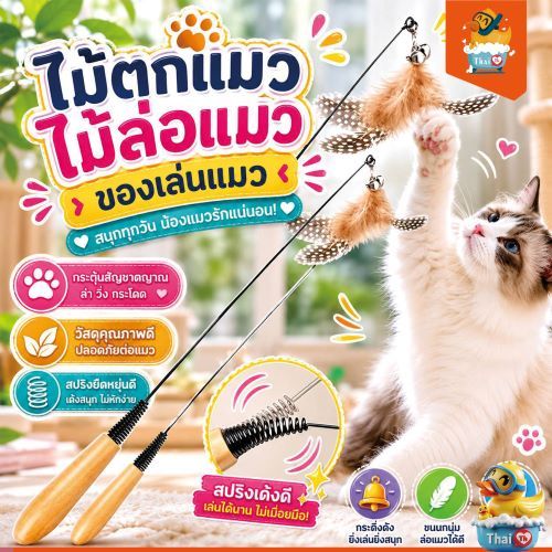 ไม้ตกแมว ไม้ล่อแมว ของเล่นแมว พร้อมกระดิ่งและขนนก Teasing