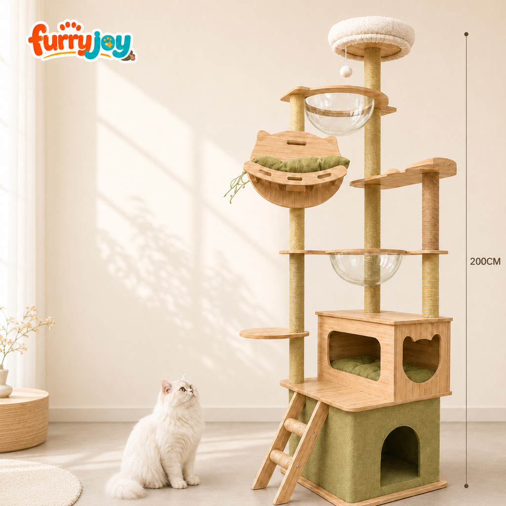 FurryJoy]คอนโดแมว 200cm Minimal Style บ้านแมว 6 ชั้น หลุมอวกาศ เปลนอน เสาลับเล็บ Oxford แข็งแรง ไม่โยกเยก