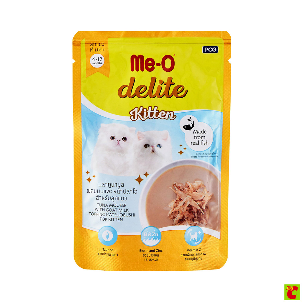 มีโอ ดีไลท์ อาหารเปียก ปลาทูน่ามูสผสมนมแพะหน้าปลาโอ สําหรับลูกแมว 70 ก