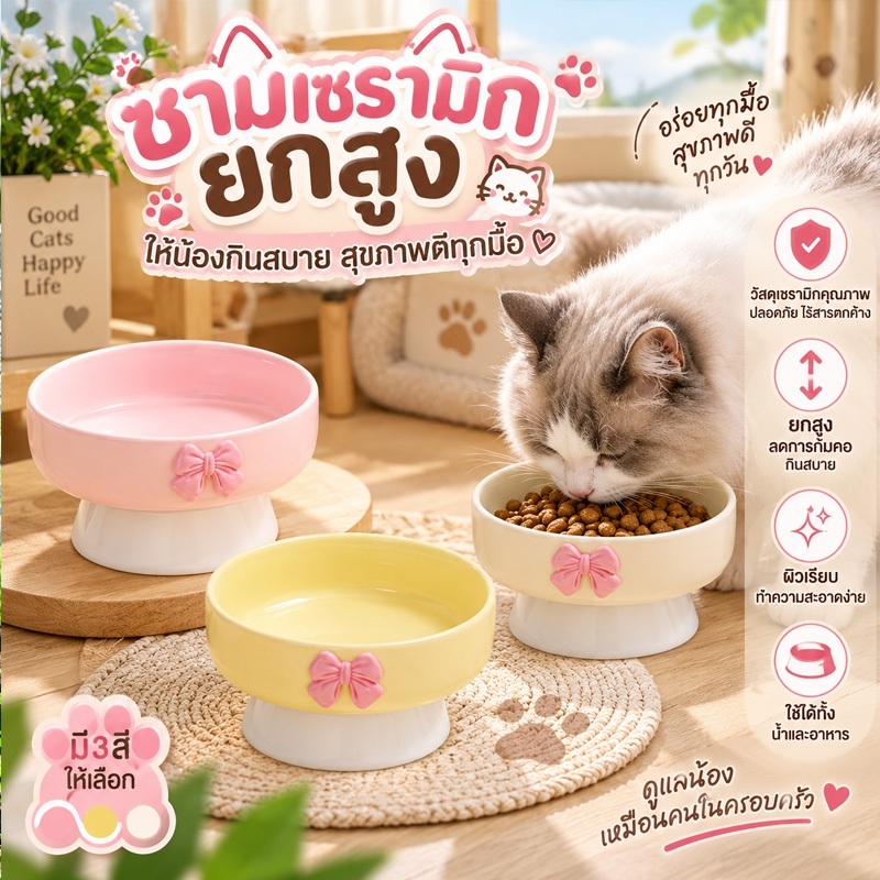 ชามอาหารแมวยกสูงโบว์ ชามอาหารสุนัขน่ารัก ชามอาหารแมวเซรามิก เพิ่มความสูง พยุงคอ เกรดอาหาร ล้างง่าย