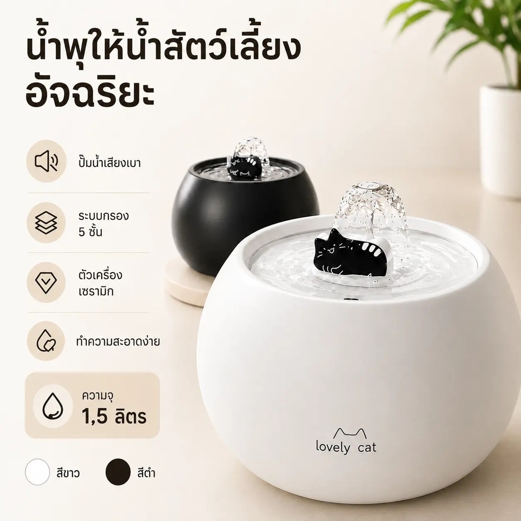 ไทย น้ําพุดื่มแมวอัจฉริยะความจุ1.5ลวัสดุเซรามิกเหมาะสําหรับแมวสุนัขป้อนแมวอัตโนมัติอัตโนมัติไร้สายแมวดื่มน้ําพุอุปกรณ์สัตว์เลี้ยงน้ําพุแมวไร้สา