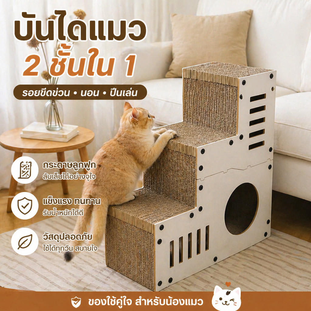 อุโมงค์แมว บ้านบันไดสัตว์เลี้ยง บ้านแมวกระดาษ ฟังก์ชั่นหลากหลาย กระดาษลูกฟูก คอนโดแมว