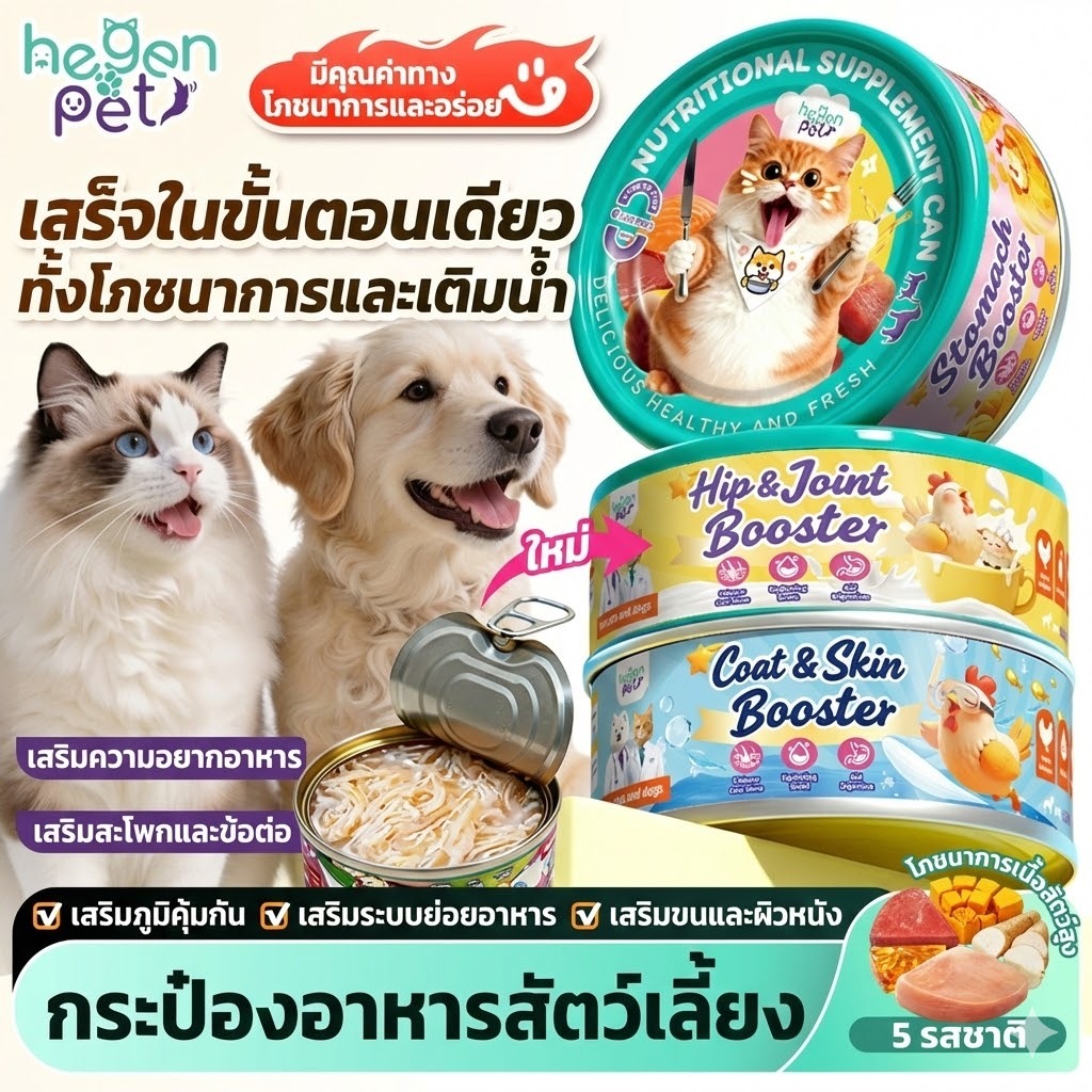 Hegen Pet อาหารกระป๋องสําหรับสุนัขและแมว 5 สูตร เสริมภูมิคุ้มกัน บํารุงหัวใจ ข้อต่อ และขน