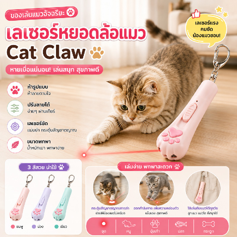 เลเซอร์ล่อแมว 2in1 เลเซอร์+ไฟฉาย LED ชาร์จผ่านพอร์ต USB ภาพฉายหลายแบบ ปลอดภัยใช้เล่นกับแมวทุกวัย