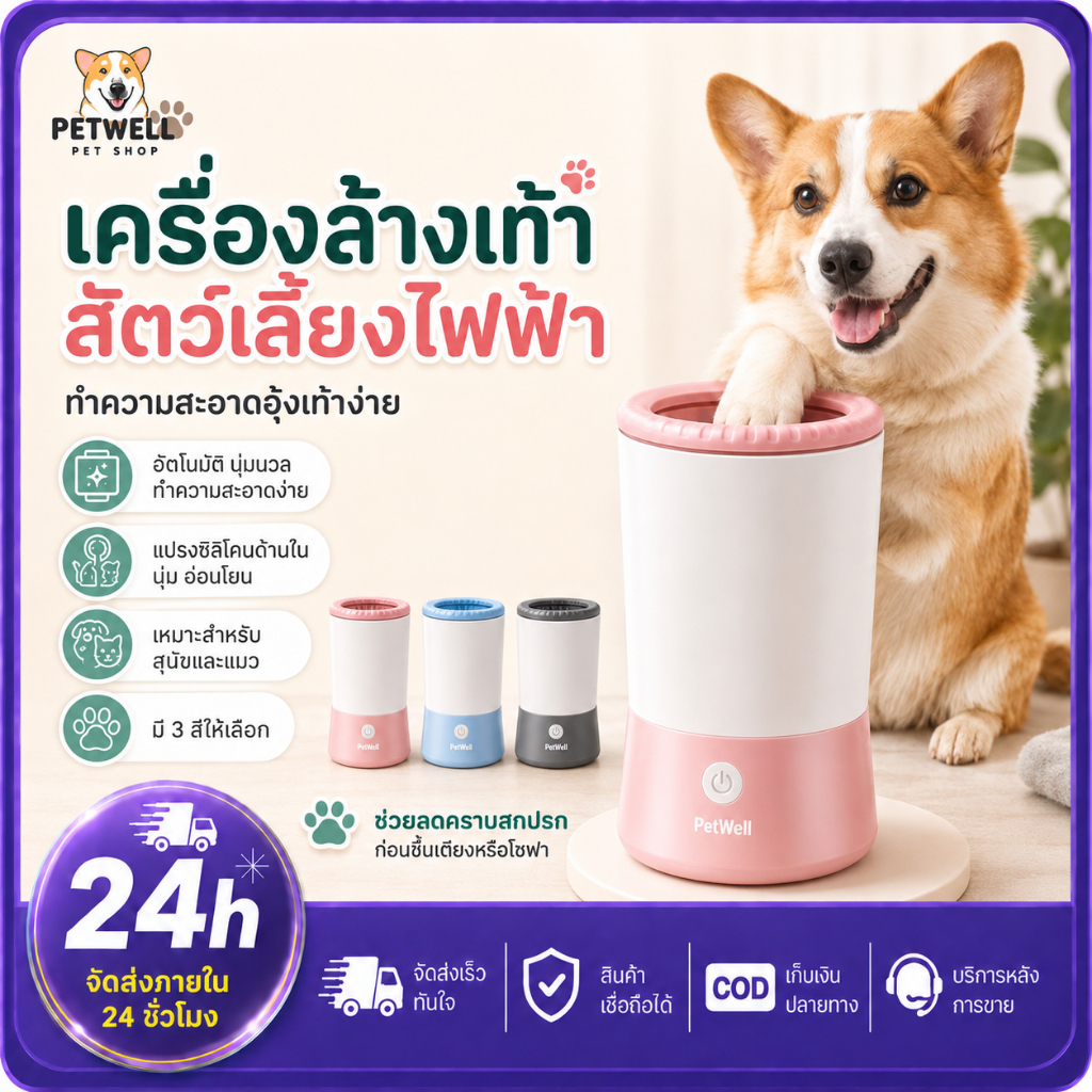 PETWELL ถ้วยล้างเท้าสัตว์เลี้ยง เครื่องล้างอุ้งเท้าสุนัขและแมวแบบไฟฟ้า ทําความสะอาดง่าย พร้อมนวดอุ้งเท้า ใช้งานสะดวก