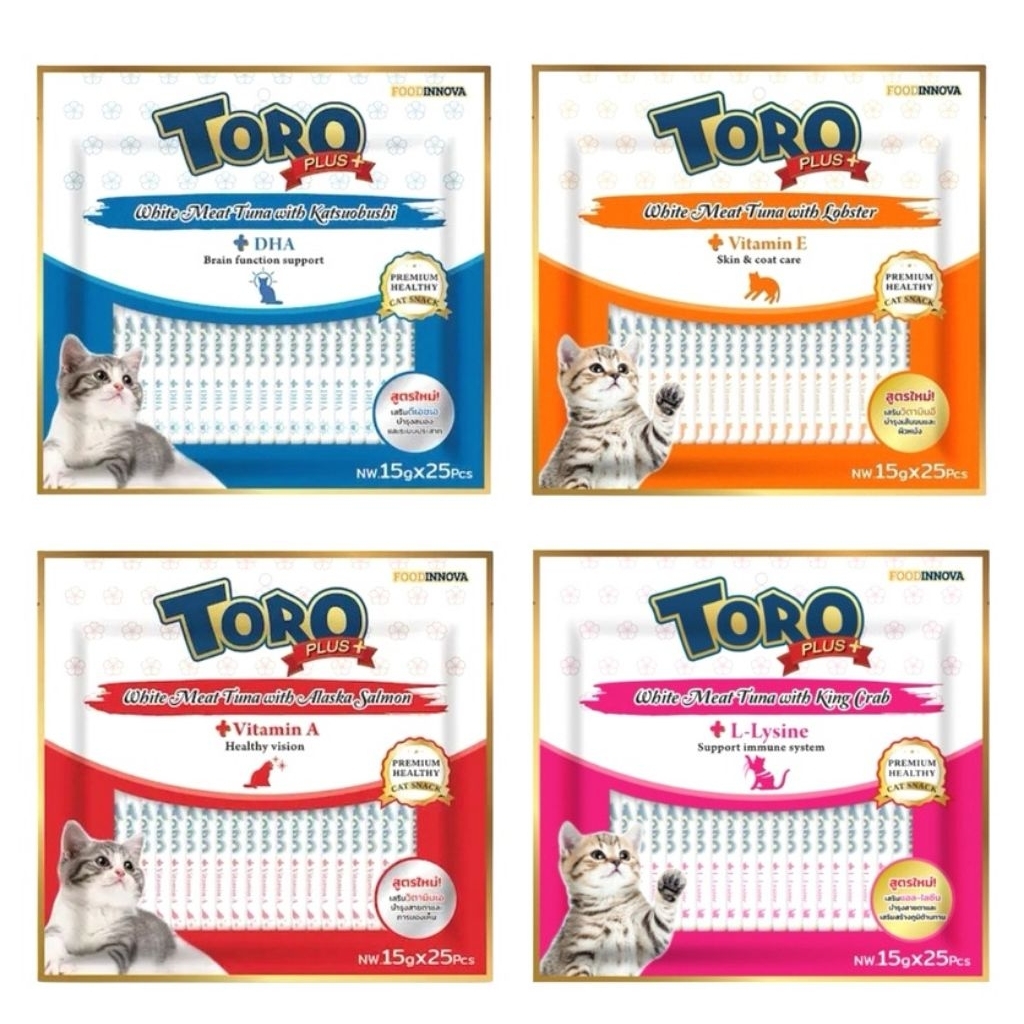 Toro Plus ขนมแมวเลีย โทโร่ พลัส ผลิตจากเนื้อปลาทูน่าเนื้อขาวแท้ ดีต่อสุขภาพ แพ็ค 15g x 25 ซอง