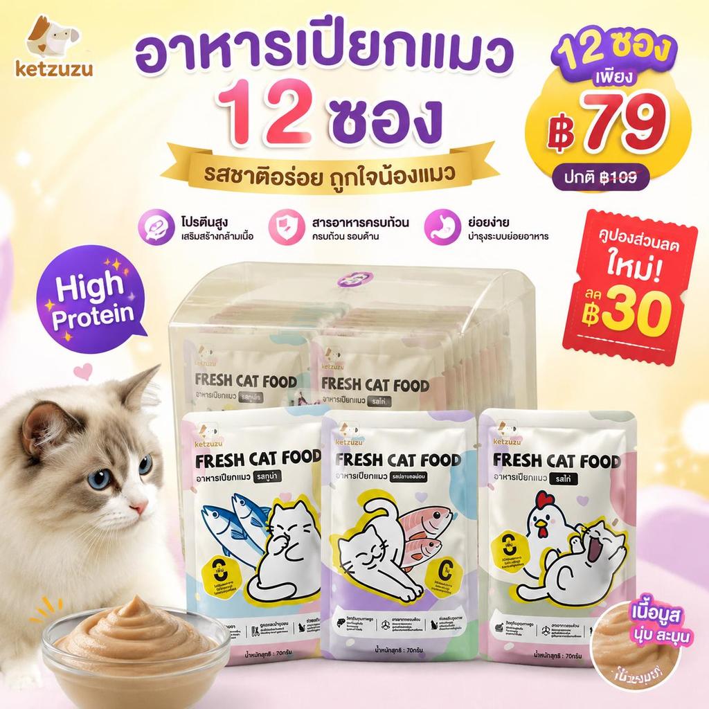 Ketzuzu】อาหารเปียกแมว 70g [12ซอง] เสริมวิตามินและแร่ธาตุครบถ้วน อาหารเปียกแมว ขนมแมว ขนมแมวเลีย รสไก่ ทูน่า แซลมอน