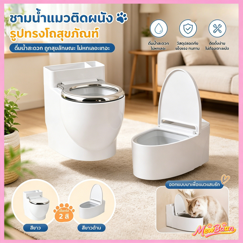 ชามน้ําสัตว์เลี้ยงแบบติดผนัง ชามแมวทรงโถส้วม ประหยัดพื้นที่ เติมน้ําอัตโนมัติ สําหรับหมาและแมว