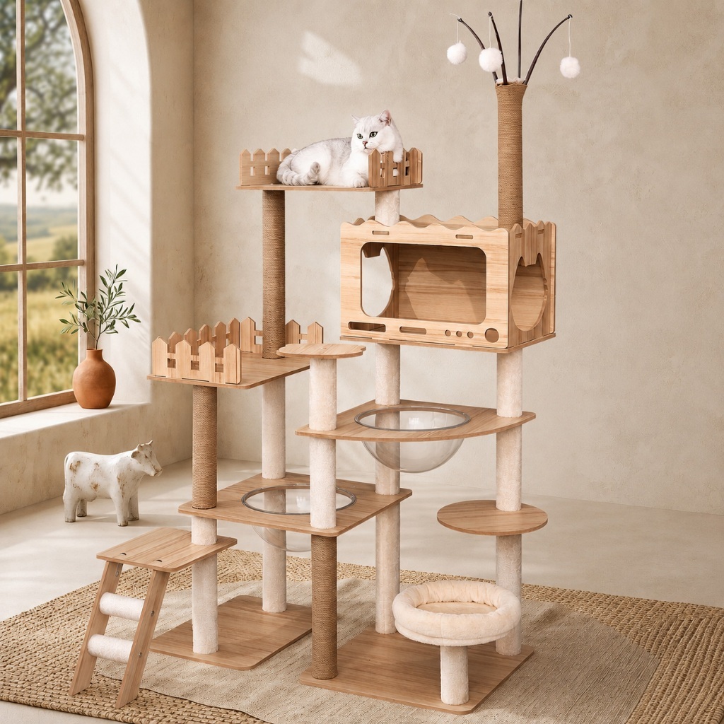 L&Q คอนโดแมว cat tree คอนโดแมวหลากหลายฟังก์ชัน สูง 170cm โครงสร้างมั่นคง แข็งแรง สําหรับบ้านที่มีแมว 1–5 ตัว