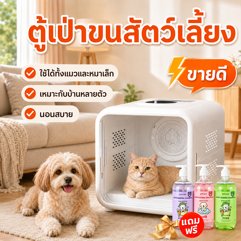 ตู้เป่าขนสัตว์เลี้ยง 62L สําหรับแมวและหมาเล็ก ตู้เป่าขนแมว ลมอุ่นนุ่ม ระบายลมรอบด้าน เสียงเบา จุใหญ่ พร้อมแชมพูอาบน้ําสัตว์เลี้ยง 3 ขวด