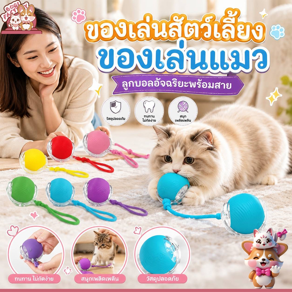 ของเล่นสัตว์เลี้ยง ของเล่นแมว ลูกบอลอัจฉริยะพร้อมสาย Playball3
