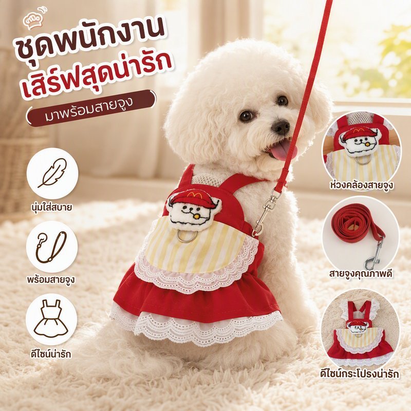 ชุดเดรสสุนัข เสื้อสุนัข กระโปรงลูกไม้ สายจูงในตัว ระบายอากาศ ปรับได้ ตีนตุ๊กแก เสื้อผ้าสัตว์เลี้ยง
