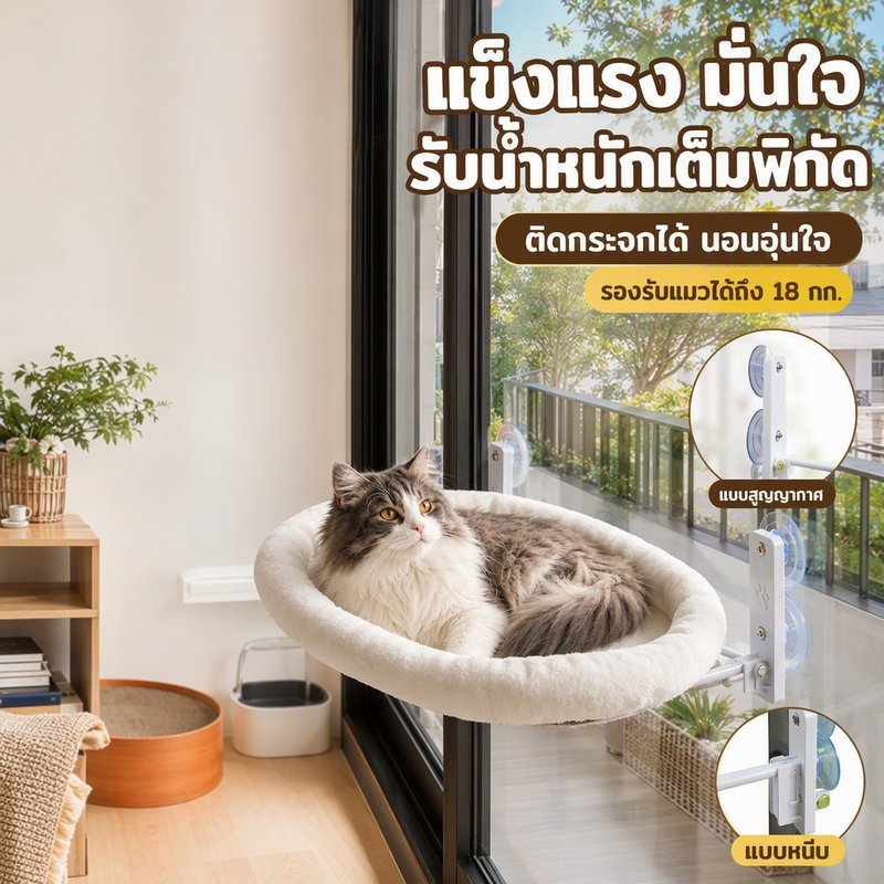 เปลแมวติดกระจก เตียงแมวแขวน หน้าต่าง ที่นอนแมว พับได้ ผ้าถอดซัก รับน้ําหนัก 18