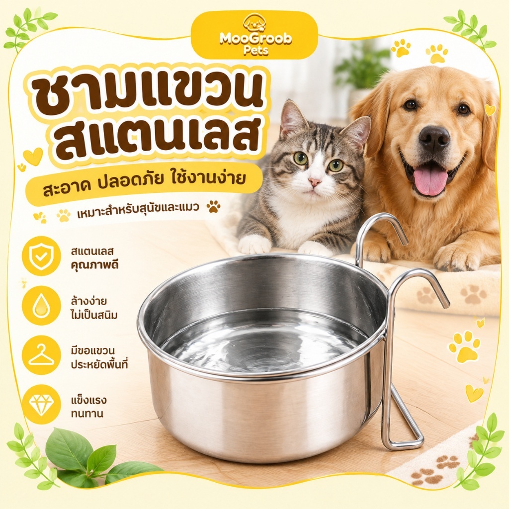 ถ้วยอาหารแมว ชามแขวนกรง ชามอาหารและน้ําสัตว์เลี้ยง สแตนเลส ป้องกันคว่ํา แข็งแรงทนทาน ล้างง่าย ส่งจากไทย ชามอาหารหมา