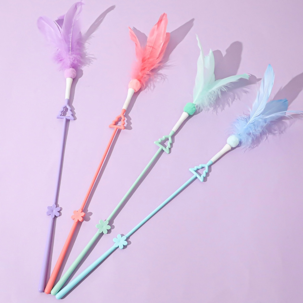 PP-1654 ไม้ตกแมว ไม้นางฟ้า 🪶🌈 รุ่นขนนกมีสี คละสี น้องแมวเพลิน รุ่นฮิต