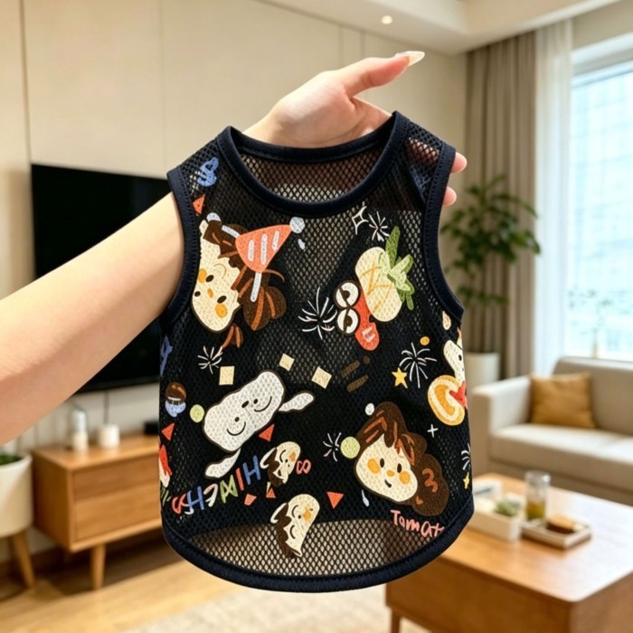 สินค้าสัตว์เลี้ยงน่ารัก] แมวสีดําการ์ตูนตาข่ายระบายอากาศสุดน่ารักเสื้อกั๊กสัตว์เลี้ยงเสื้อผ้าฤดูร้อน