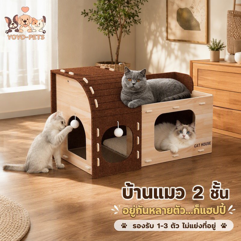 บ้านแมว คอนโดแมว อุโมงค์แมว สองชั้น กันชื้น ที่ลับ เล็บแมว แผ่นข่วนปอกระเจา ของเล่นแขวน