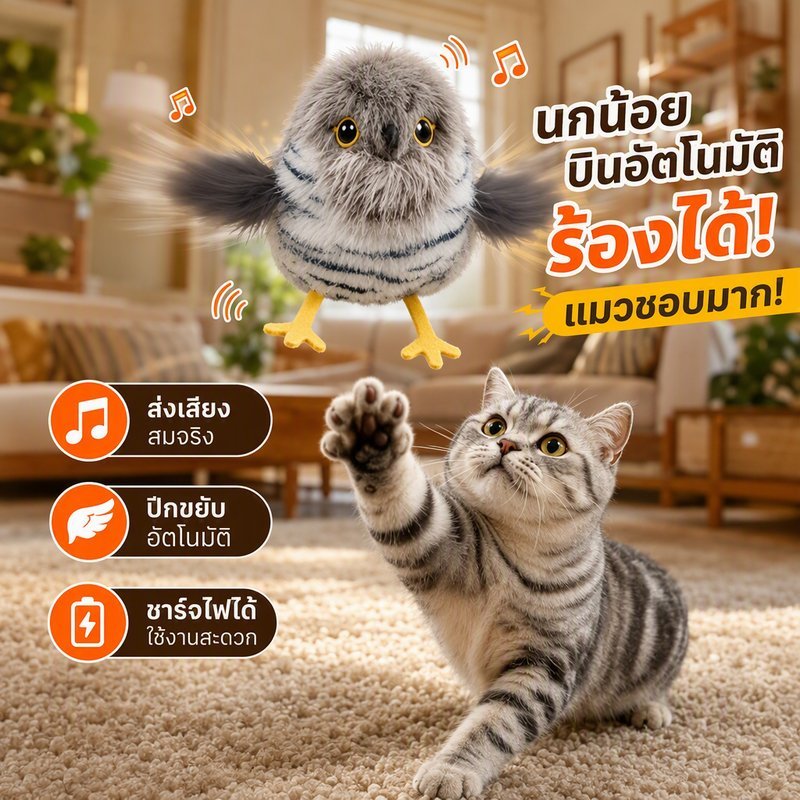 ของเล่นแมว โต้ตอบ นกมีเสียง ปีกขยับ บินอัตโนมัติ ชาร์จไฟ Type C แขวนได้ ไล่จับ ออกกําลังกาย