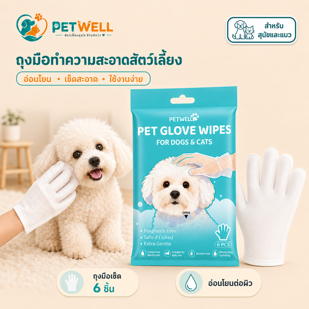 ถุงมืออาบน้ําแมว PETWELL ถุงมือเช็ดทําความสะอาดสัตว์เลี้ยง ใช้ง่าย สูตรอ่อนโยน ลดกลิ่น ทําความสะอาดขน สําหรับแมวและสุนัข