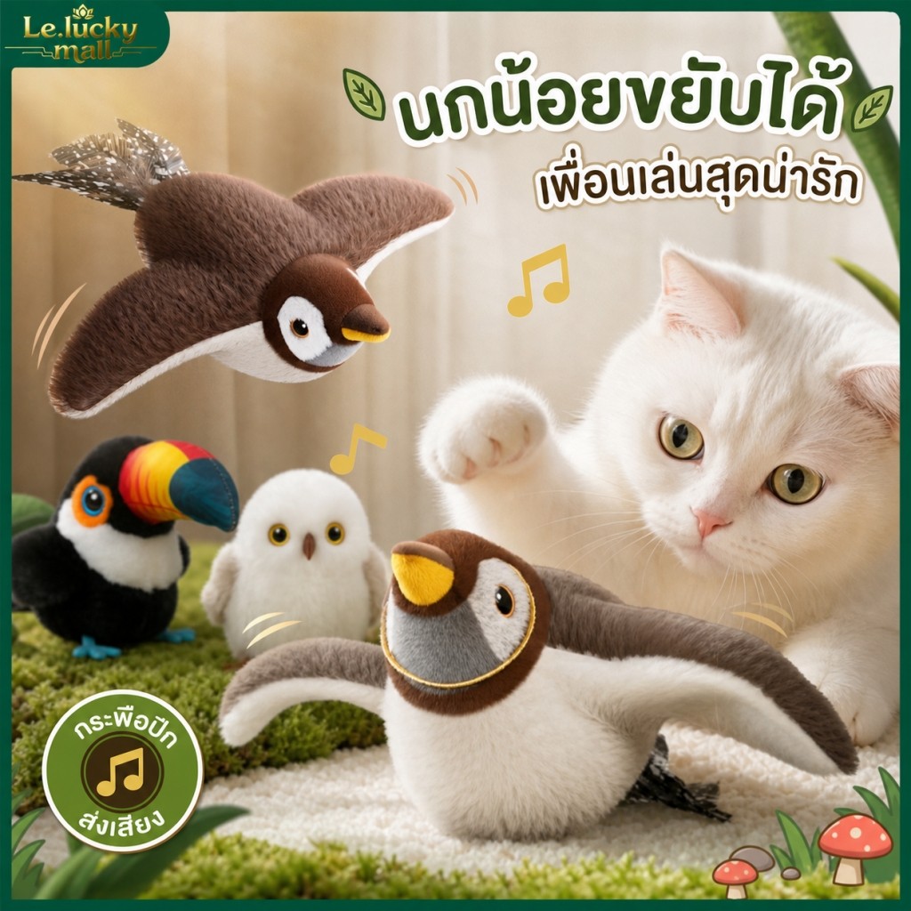 ของเล่นแมวโต้ตอบ นกกระจอกขยับปีกได้ มีเสียงในตัว ชาร์จ USB ใส่ Catnip ได้ ใช้กับไม้ตกแมวได้ Interactive Cat Toy
