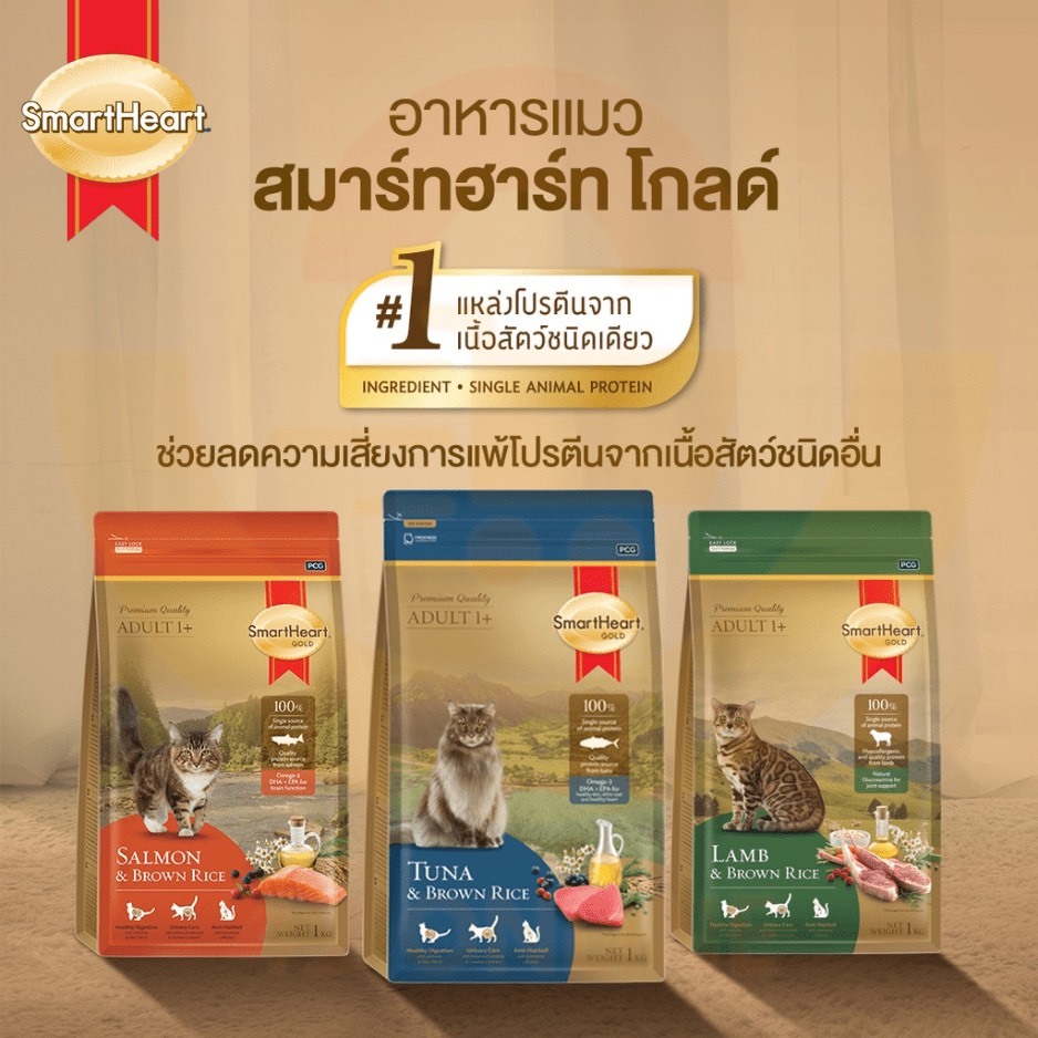 SmartHeart Goldแมว ขนาด 1kgและ 3kg อาหารแมวพรีเมี่ยมบํารุงขนสวยและสุขภาพดี
