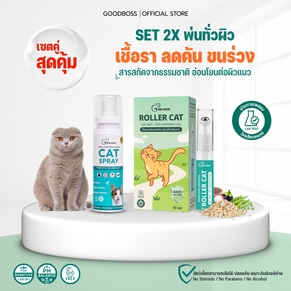 SET ดูแลผิวแมว พ่นทั่วตัว Cat Spray + Roller Cat | ลดเชื้อรา ลดคัน ลดขนร่วง สูตรธรรมชาติ