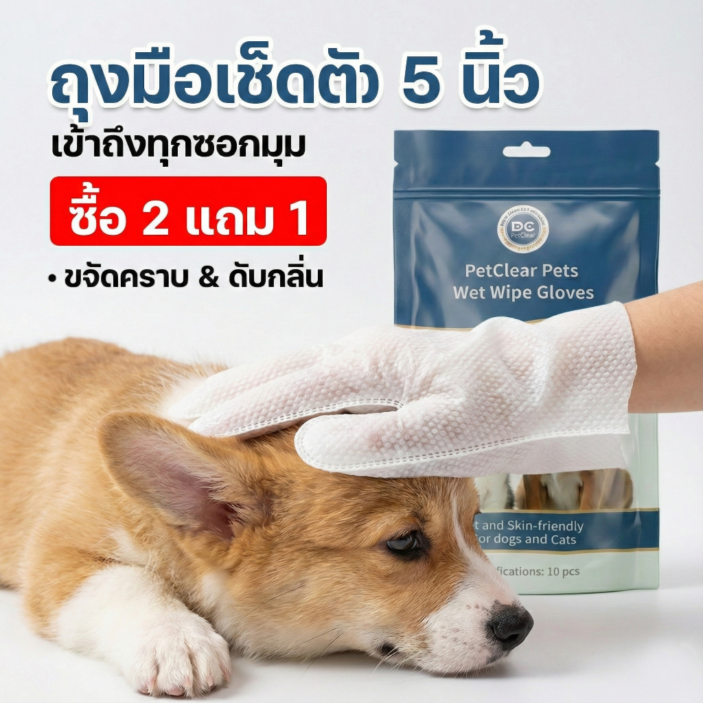 2 กล่อง แถมเพิ่มอีก 1 กล่องPetClear ถุงมืออาบน้ําแห้ง (10 ชิ้น) ผ้าเช็ดตัวแมว ทิชชู่เปียกหมา ดับกลิ่น