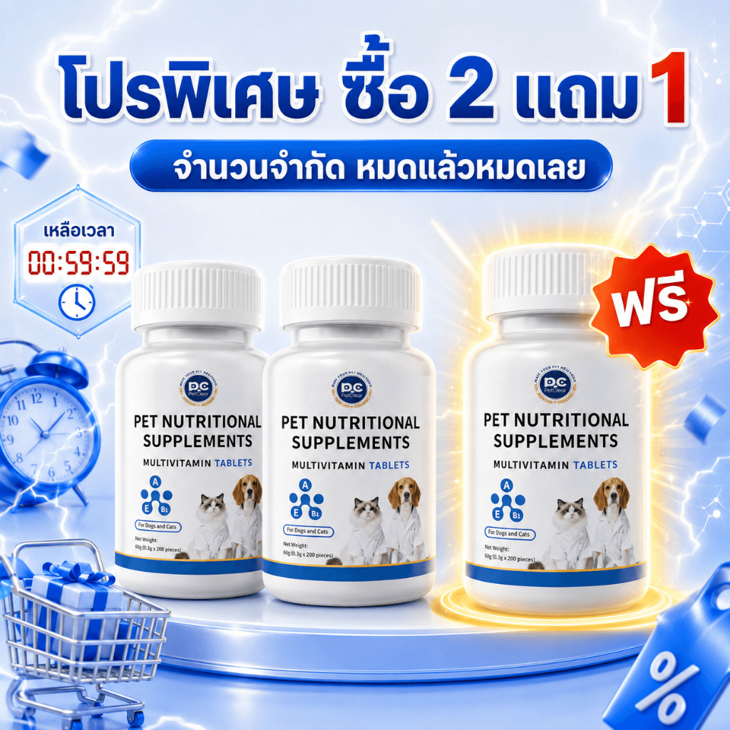 วิตามินรวม PetClear สําหรับบ้านที่เลี้ยงหลายตัว สุนัขและแมวใช้ได้ ซื้อ 2 รับฟรี 1 ขวด