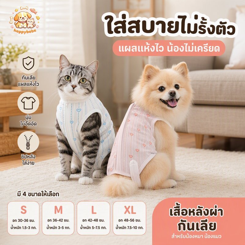 เสื้อหลังผ่าตัด แมว สุนัข ชุดทําหมัน กันเลียแผล ผ้ายืดนิ่ม ระบายอากาศ สวมง่าย ตีนตุ๊กแก