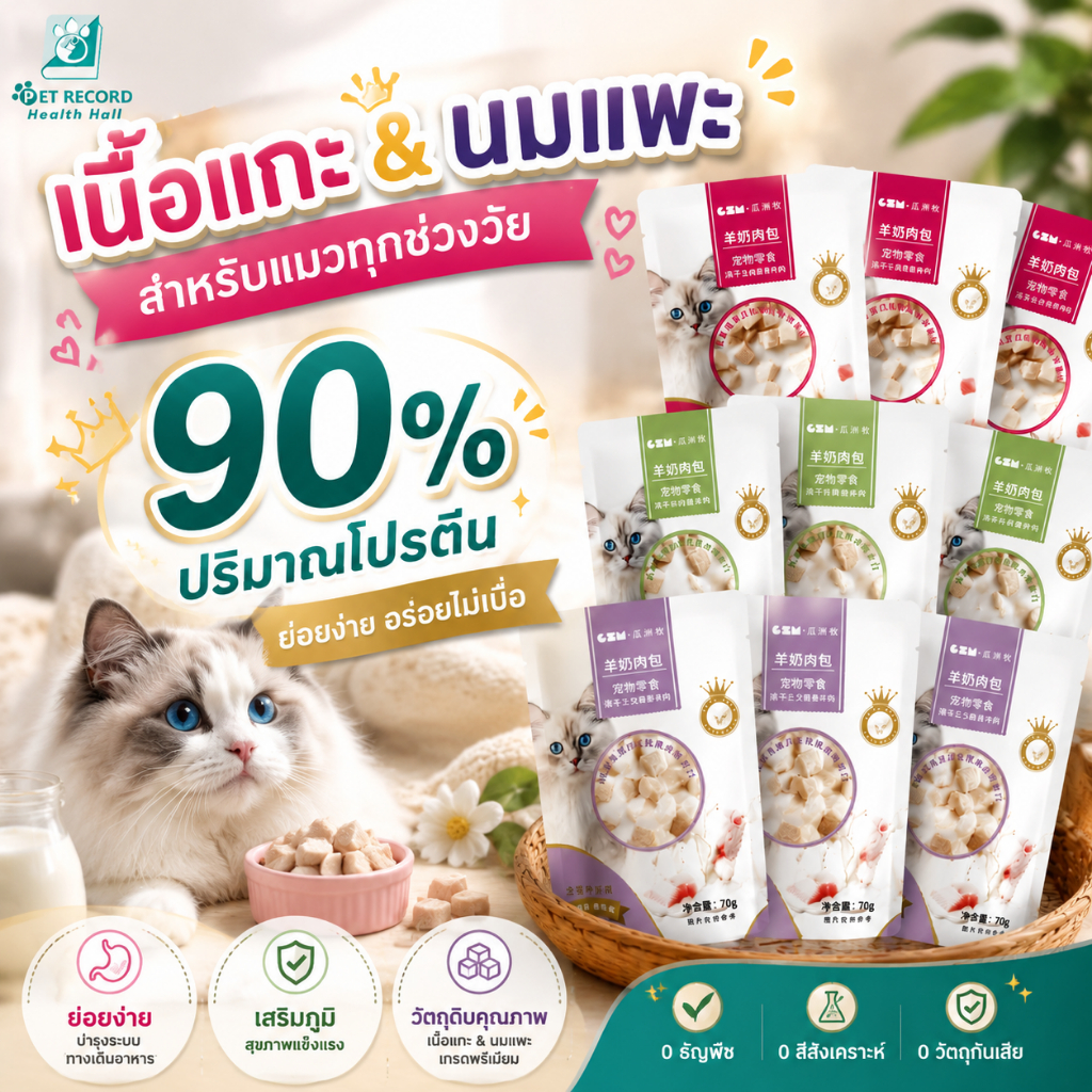 Pet Record อาหารแมวเปียก 70g โปรตีนสูง เพิ่มนมแพะ บํารุงขนผิวหนัง รสทูน่า+แซลมอน พรีเมียม
